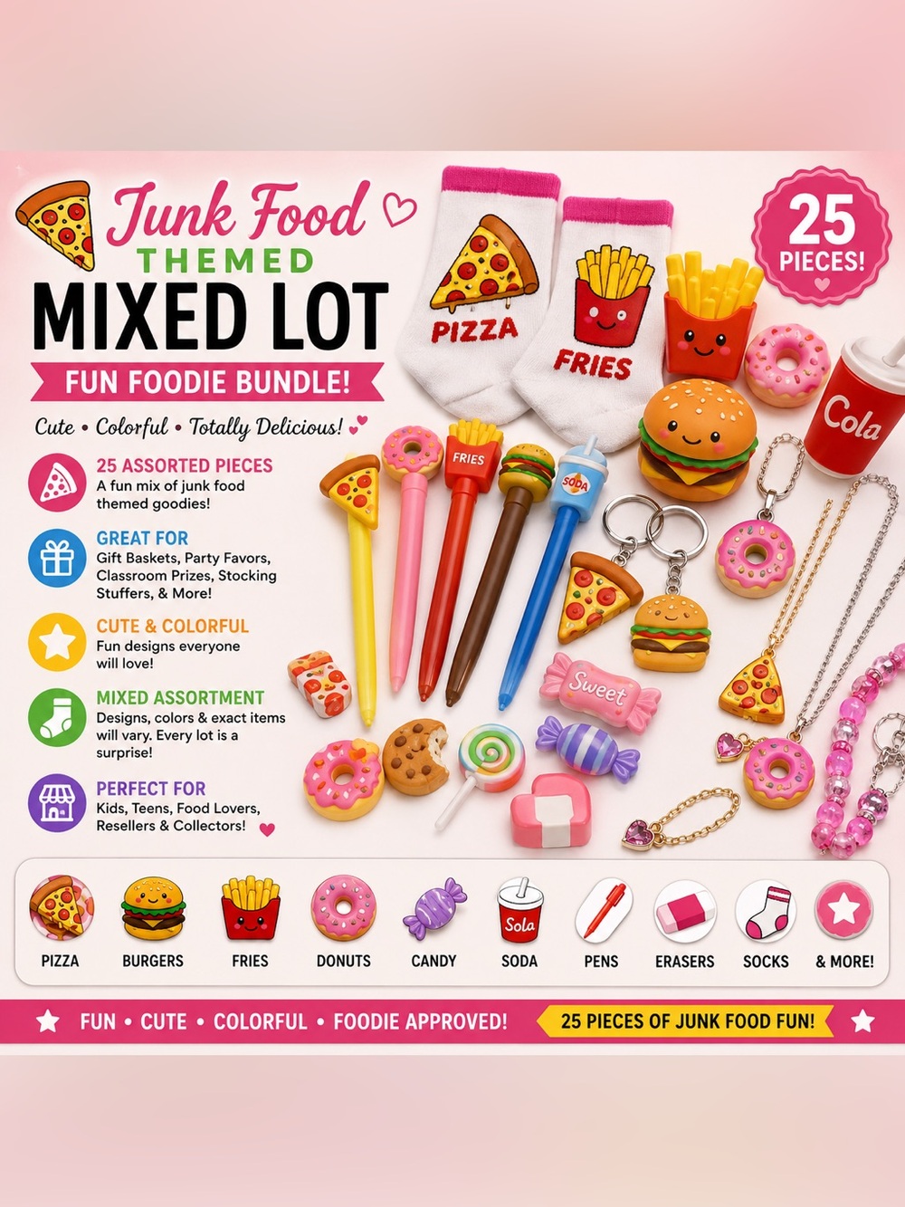 25-Piece Junk Food Themed Mixed Lot Fun Foodie Bundle Pens Erasers Socks Jewelry